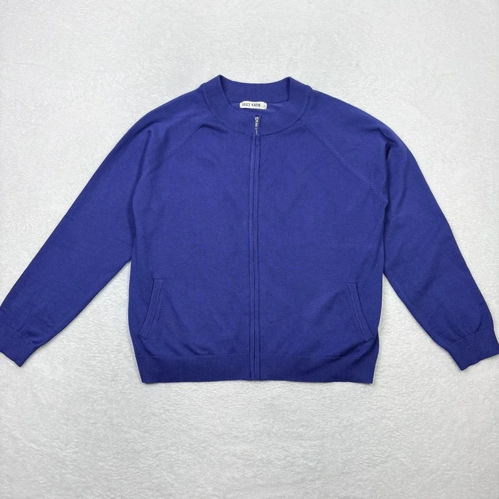 Grace Karin Blue Full Zip Cardigan‎ Sweater XL Mock Neck Viscose Blend Fine Knit